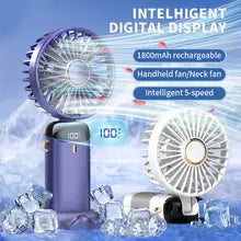 Handheld Mini Fan 3000mAh Foldable Portable Desk Outdoor Neck Hanging 5 Speed USB Rechargeable Fan Phone Stand Display Screen